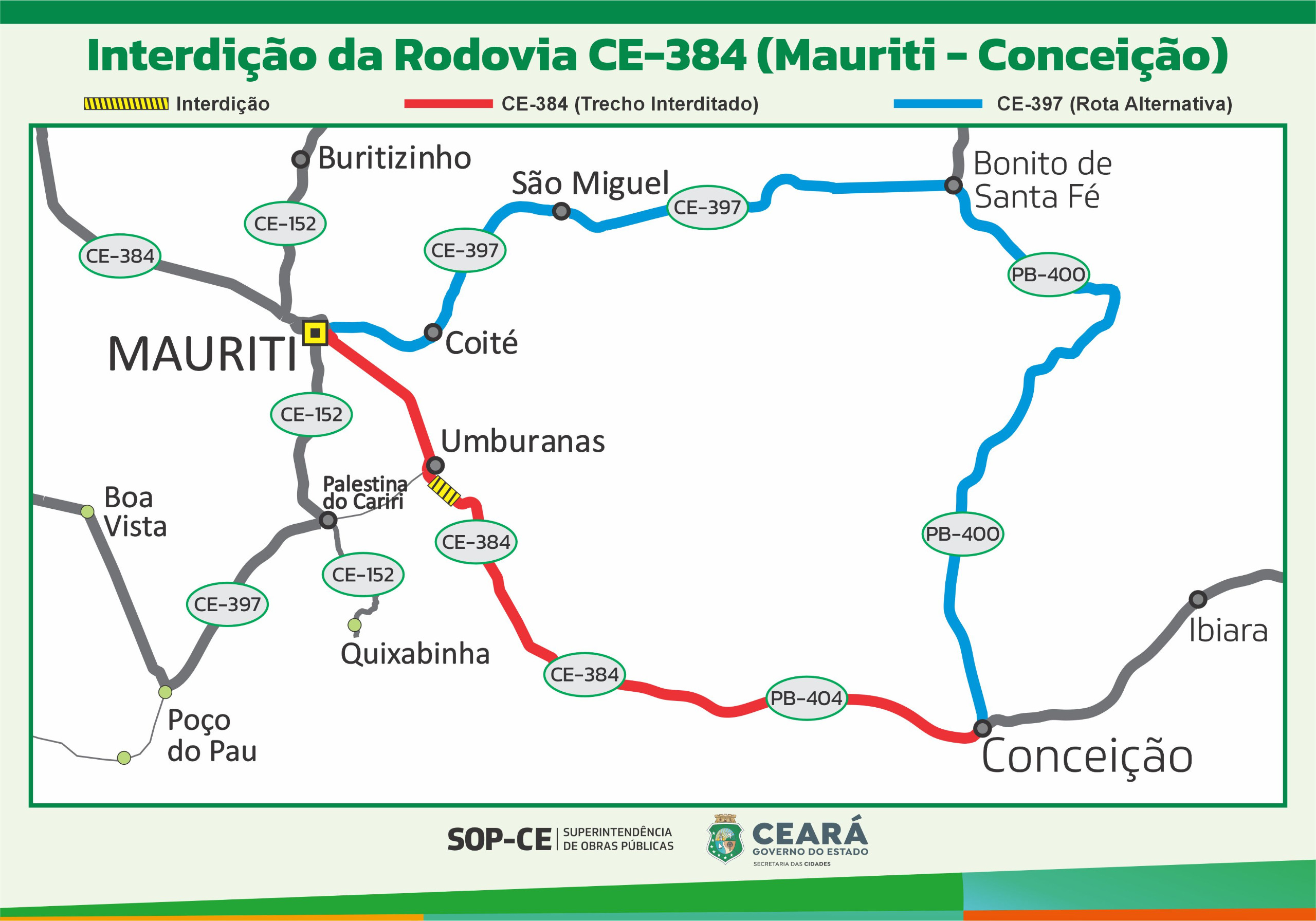 Tráfego da CE-384 será desviado para a realização de obras